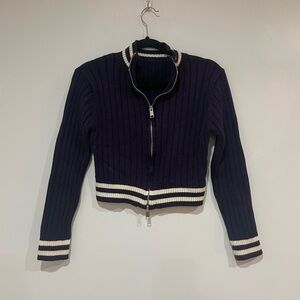 Navy Zip-up Cardigan with White Stripes